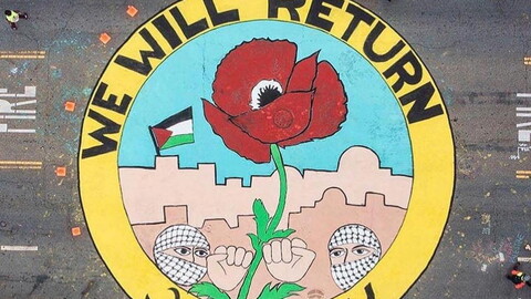 Members of the Palestinian Youth Movement paint a mural in San Francisco asserting their right of return ahead of Nakba Day. It reads "We Will Return" in English and Arabic. California, USA. May 17, 2021. (Source: Chris Gazaleh)