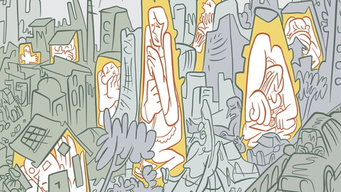 Illlustration of people trapped within structures.