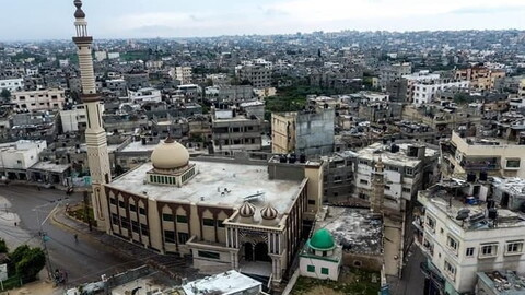 An aerial photograph of the Al Omari mosque in Jabalia, Gaza.