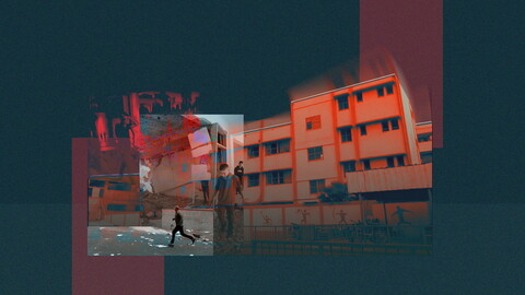 A composite image of children against the background of schools and destruction.