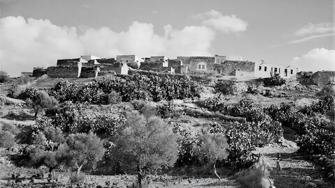 An old black and white photo showcasing a hillside with a castle perched atop.