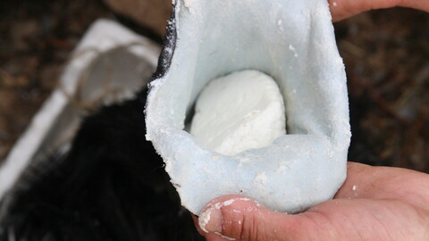 A pair of hands holds a pouched sheep skin with a round piece of fresh white cheese inside.