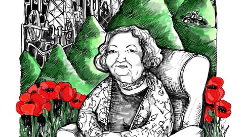 Illustration of a grandmother relaxing in a chair, with a vibrant and floral background. 