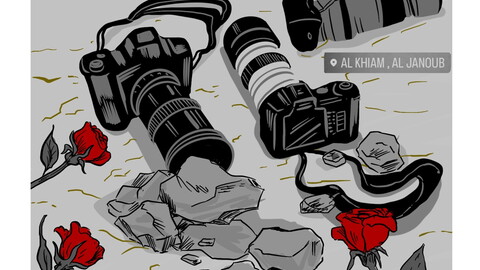 A drawing of martyred journalist Issam Abdallah's grave, by illustrator Amy Chiniara.