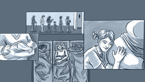 A collection of illustrations of midwives and pregnant women; someone putting their ear to a pregnant abdomen, someone else carrying a baby, another person shown to be awake in bed.