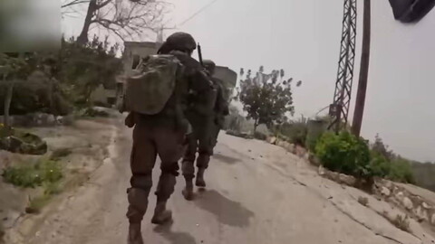 Two soldiers are running toward a house along a road lined with bushes and trees on both sides.