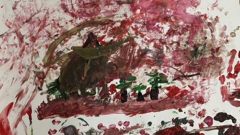 An expressive acrylic painting on paper with heavy red, pink, and dark brown brushstrokes depicting a chaotic, fire-damaged landscape with burnt structures.