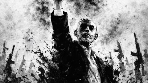 A pencil, charcoal, and ink drawing of Yahya Sinwar, former chief of Hamas by artist Dania Wahdan.