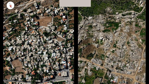 Before-after satellite imagery of a border village named Aitaroun in southern Lebanon, showing the village before Israeli occupation forces destroyed it, and after.