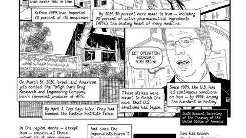 The second page of the black-and-white comic, focusing on U.S. economic sanctions, domestic Iranian pharmaceutical production, and regional history.