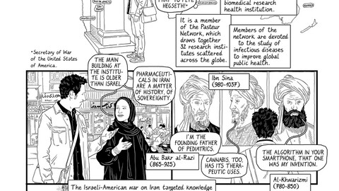 The first page of a black-and-white comic examining the impact of military conflict on Iranian science, healthcare, and historical legacy.
