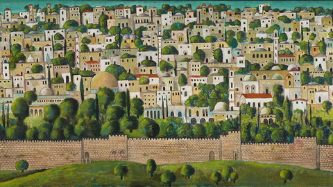 A stylized landscape painting depicting the Old City of Jerusalem. At the bottom of the frame, a green hill with scattered trees sits in front of a long, light-brown stone wall with arched gateways and battlements stretching horizontally across. Behind the wall, a dense cityscape: beige stone buildings with flat roofs, arched windows, domes, and slender minarets cluster tightly together. Dark green cypress and rounded trees are tightly woven between the buildings. The top is a vibrant turquoise sky.