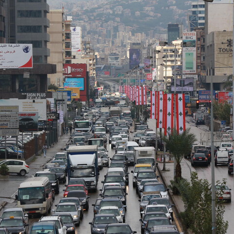 A daily traffic jam on the Baouchriyeh Highway near Beirut, in an undated photo. (Hussein Baydoun/The Public Source)