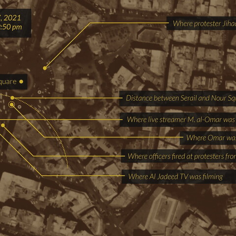 Map of Nour Square, at approximately 9:50 p.m. on the evening of January 27, when security forces fired live ammunition at protesters, showing locations of officers, television crew, a live streamer, and where eyewitnesses believe Omar was shot.