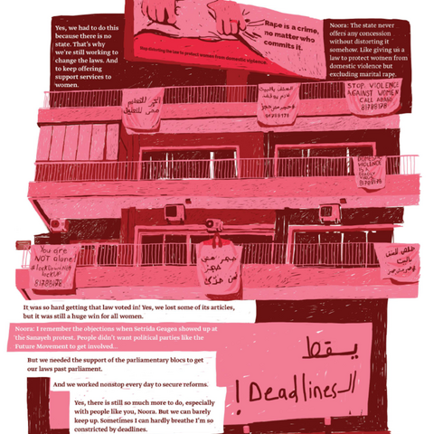An illustration of blankets and cloth hanging from balconies with ABAAD’s hotline for domestic abuse written on them, in solidarity with women imprisoned in their homes during lockdown. Source: Noora’s Story in “Where to, Marie?” p. 33. Artist: Joan Baz.