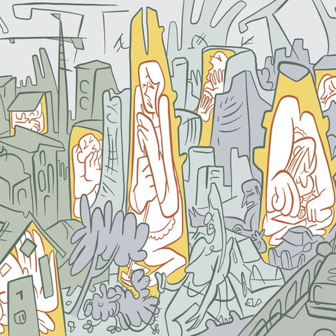 Illlustration of people trapped within structures.