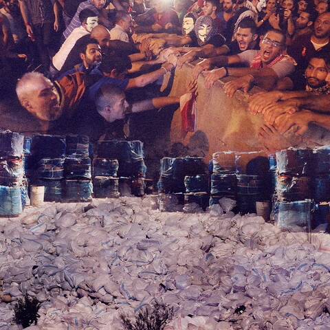 A composite of people protesting, barrels of toxic waste at a quarry, and a “river of trash”.