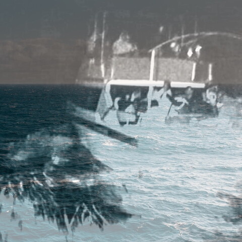 A composite image: the foreground shows a small yacht speeding away; the background shows a darkened image of the sea and the horizon.