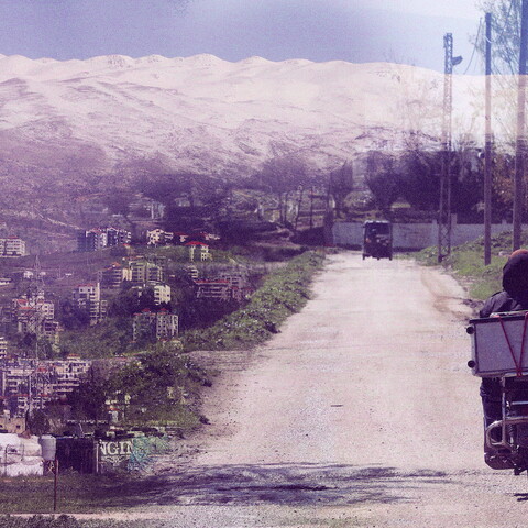 A composite image of women riding a motorcycle through agricultural fields in Central Bekaa and a snowy mountain range. 