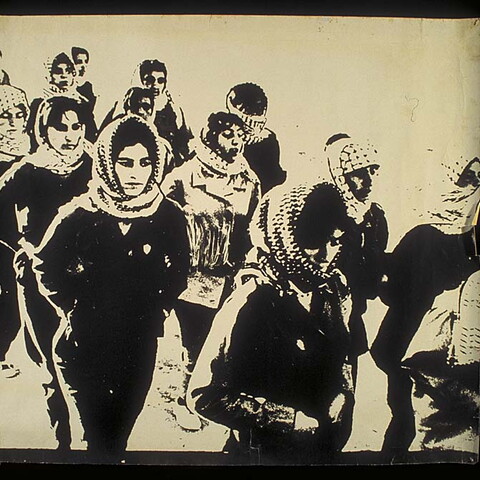A silkscreen of three rows of 4 to 6 keffiyeh-adorned women marching together.