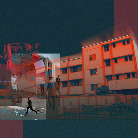 A composite image of children against the background of schools and destruction.