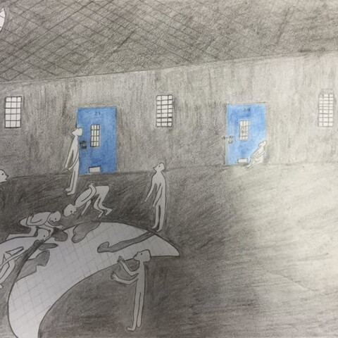 A pencil drawing of Palestinian prisoners under the moonlight, looking up at the moon in awe, and at its glow/reflection on the ground near them.