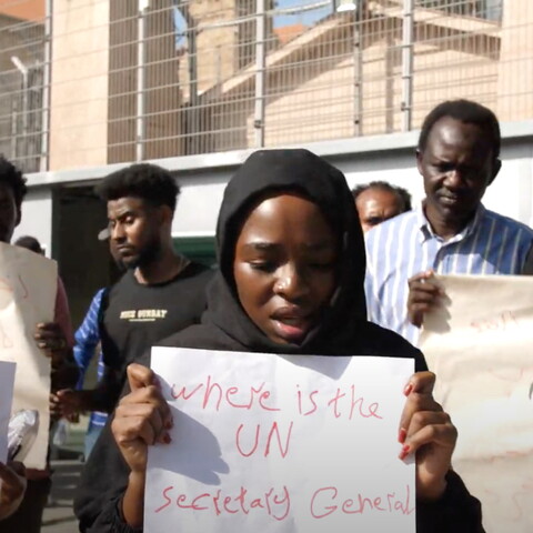 A Sudanese woman protests outside the UN ESCWA building in downtown Beirut
