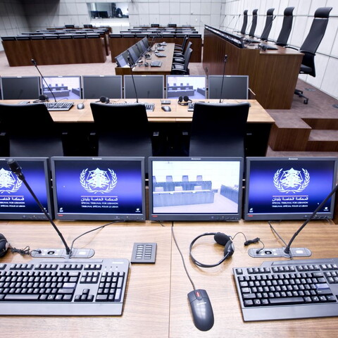 computers inside the courtroom of the Special Tribunal for Lebanon, in  Leidschendam, Netherlands.