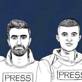 Illustrated portrait of six men wearing outfits marked "PRESS" against a dark blue background.