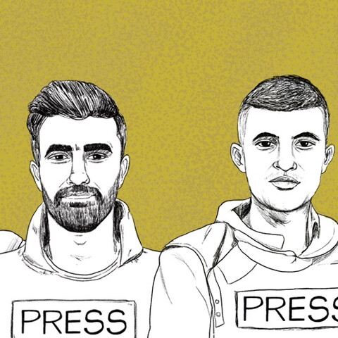 Black and white stencils of six men in press vests against a patterned yellow background.