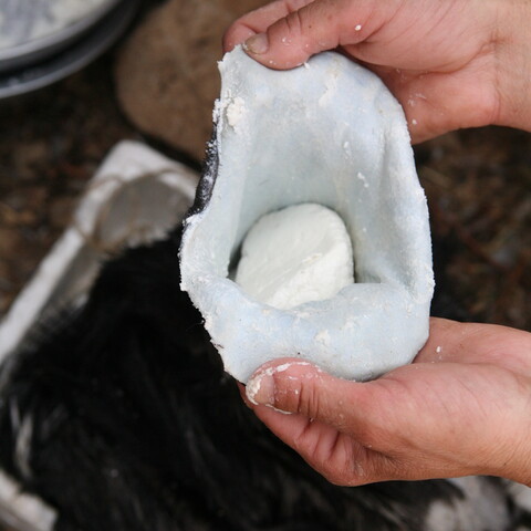 A pair of hands holds a pouched sheep skin with a round piece of fresh white cheese inside.