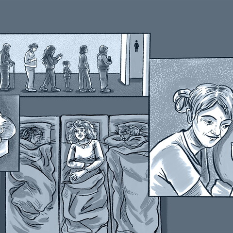 A collection of illustrations of midwives and pregnant women; someone putting their ear to a pregnant abdomen, someone else carrying a baby, another person shown to be awake in bed.