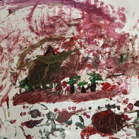An expressive acrylic painting on paper with heavy red, pink, and dark brown brushstrokes depicting a chaotic, fire-damaged landscape with burnt structures.