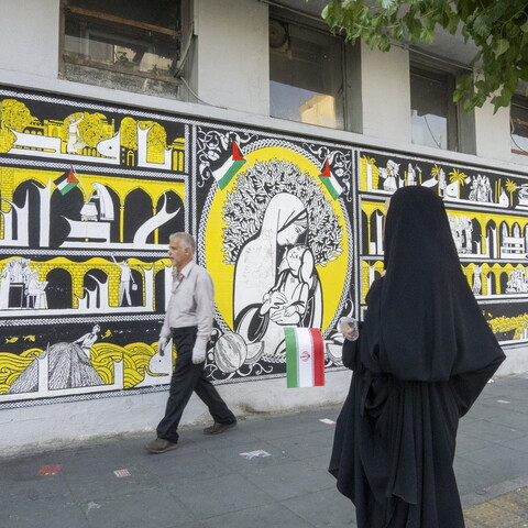 A side-view shot of a woman in holding a small Iranian flag as she walks along a city sidewalk. In the background, a man walks past a long, vibrant mural. The mural displays intricate illustrations, small Palestinian flags, and a central portrait of a mother cradling a child.