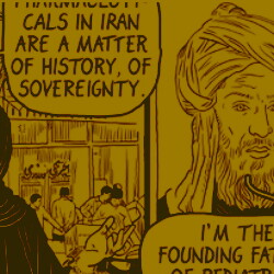A yellow monochrome snippet of a comic strip about imperial attacks on Iran's sovereign, domestic science and medicine.