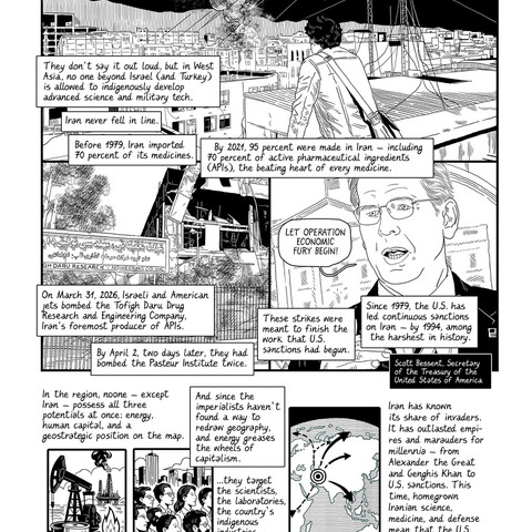 The second page of the black-and-white comic, focusing on U.S. economic sanctions, domestic Iranian pharmaceutical production, and regional history.