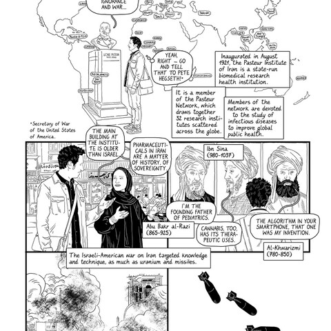 The first page of a black-and-white comic examining the impact of military conflict on Iranian science, healthcare, and historical legacy.