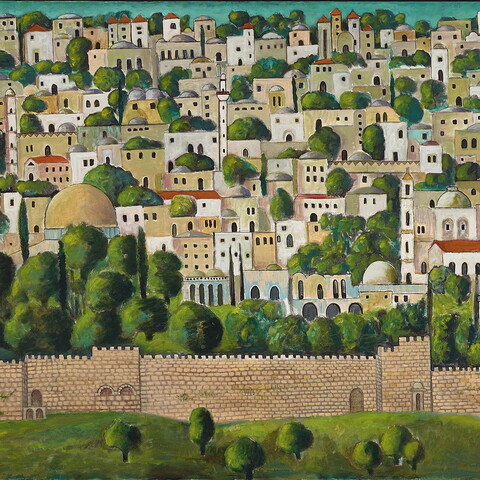 A stylized landscape painting depicting the Old City of Jerusalem. At the bottom of the frame, a green hill with scattered trees sits in front of a long, light-brown stone wall with arched gateways and battlements stretching horizontally across. Behind the wall, a dense cityscape: beige stone buildings with flat roofs, arched windows, domes, and slender minarets cluster tightly together. Dark green cypress and rounded trees are tightly woven between the buildings. The top is a vibrant turquoise sky.