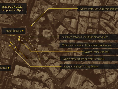 Map of Nour Square, at approximately 9:50 p.m. on the evening of January 27, when security forces fired live ammunition at protesters, showing locations of officers, television crew, a live streamer, and where eyewitnesses believe Omar was shot.