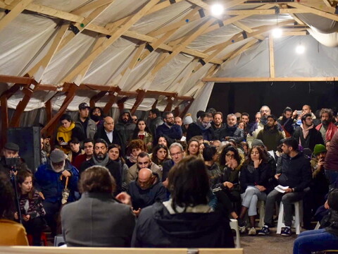 Members of LiHaqqi present their alternative government policy statement in a makeshift tent in the Azarieh parking lot in central Beirut. February 7, 2020. (Rayan Abou Assi/Photo courtesy of LiHaqqi)