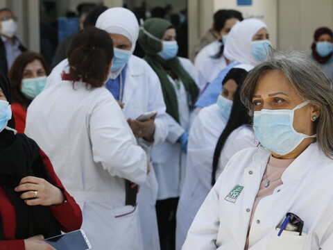 The halls of the Rafik Hariri University Hospital are crowded with healthcare workers and patients. Beirut, Lebanon. April 17, 2020. (Marwan Tahtah/The Public Source)