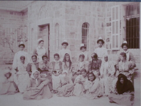 An archival photograph from 1904 showing 15 working-class female patients and 6 medical staff in front of Philadelphia House at Asfuriyyeh. Hazmieh, Lebanon. 