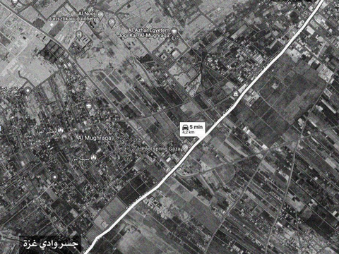 A screenshot of a satellite image from Google Maps showing the distance between the site of the Wadi Gaza Bridge incident and the site of the Salah al-Din Street attacks, the Kuwait Roundabout.