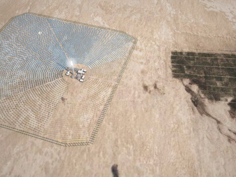A rendered, aerial image of a solar panel field in a desert.