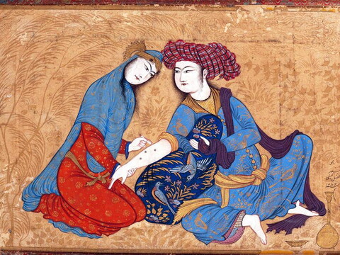 Two lovers, the woman making burn marks on the man's arm as an indication of devotion and loyalty.