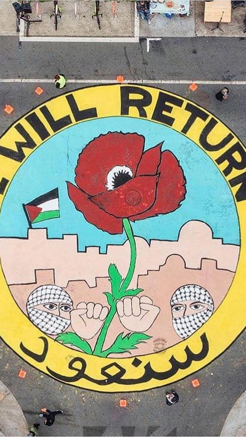 Members of the Palestinian Youth Movement paint a mural in San Francisco asserting their right of return ahead of Nakba Day. It reads "We Will Return" in English and Arabic. California, USA. May 17, 2021. (Source: Chris Gazaleh)