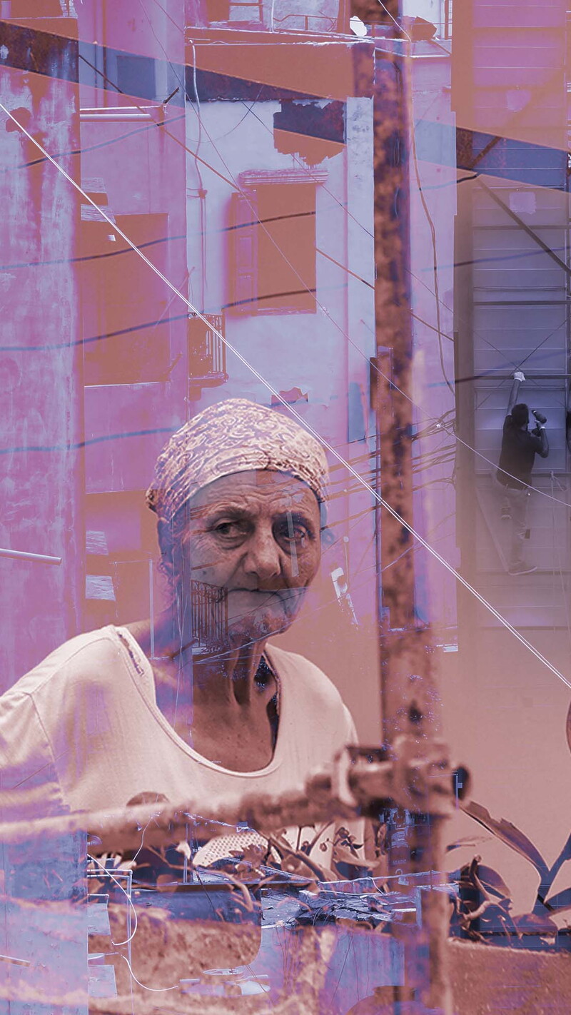 Composite of an elderly resident of  Mar Mikhael standing on her balcony, construction workers, and a sign that reads, "We are Staying." Beirut, Lebanon. Photos taken between August and October 2020 by Marwan Tahtah. (The Public Source)