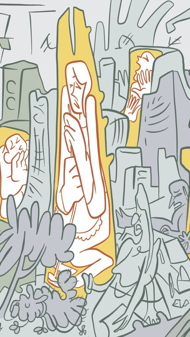 Illlustration of people trapped within structures.