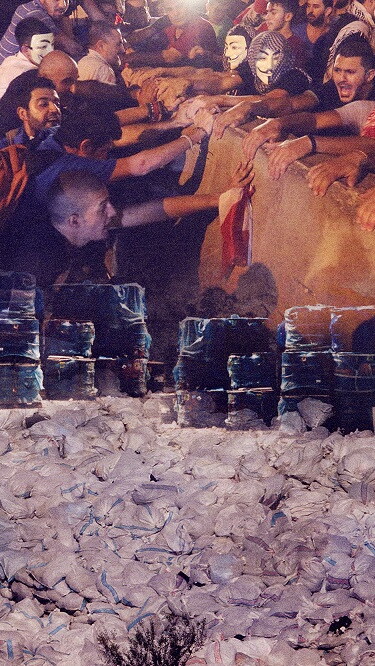 A composite of people protesting, barrels of toxic waste at a quarry, and a “river of trash”.