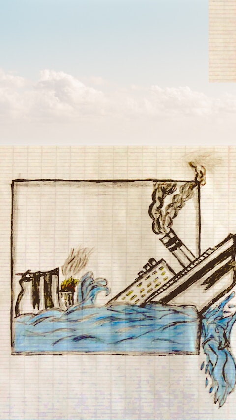 Drawing of a small boat sinking. 